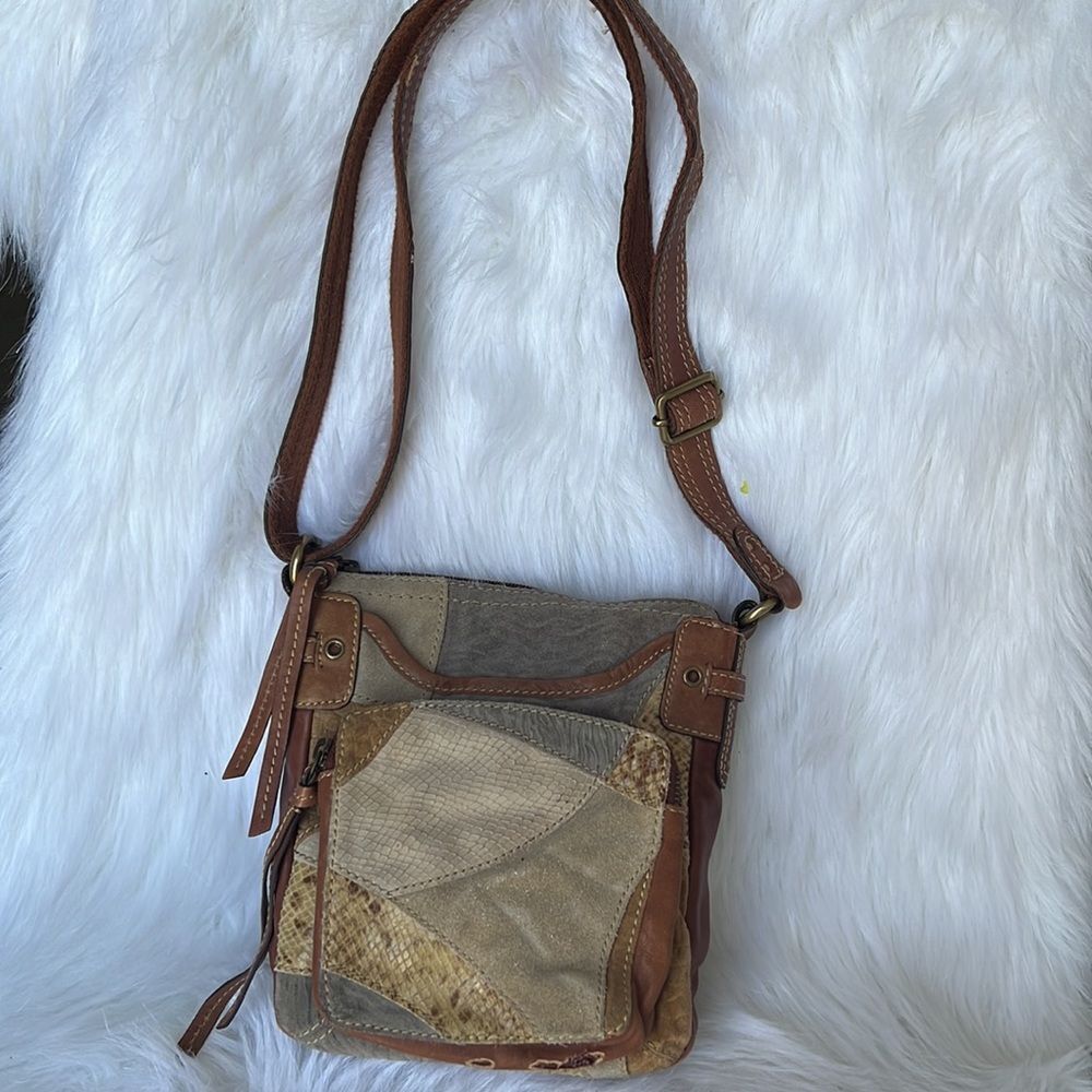 Fossil Brown Beige Leather Patchwork Crossbody Pu… - image 1